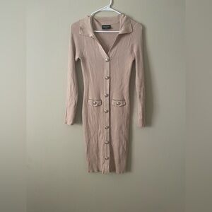 Chic Beige Long Sleeve Button-Up Dress